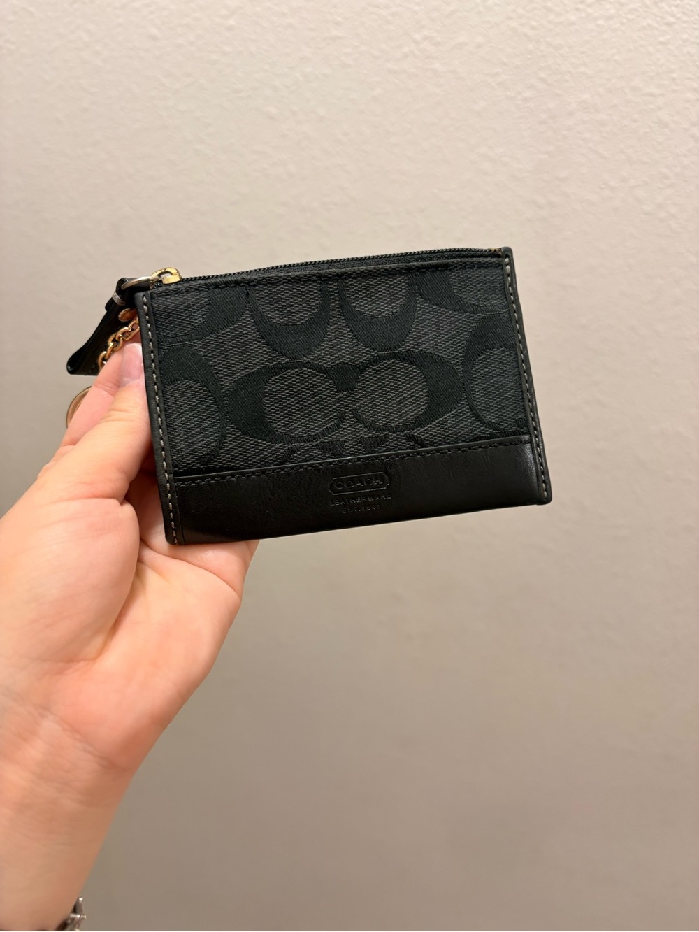 Coach Black Signature Card Case with Key Ring